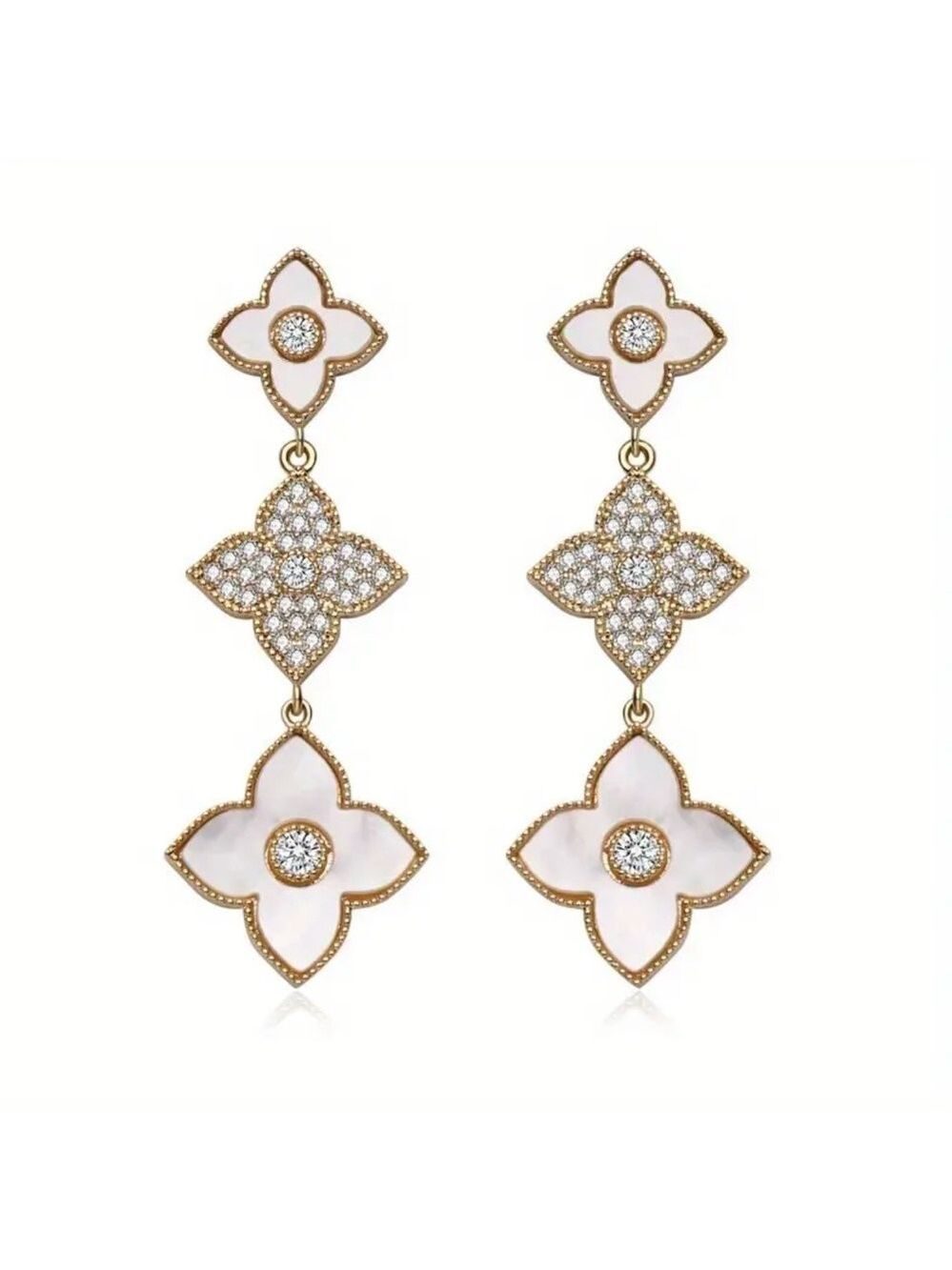 Gold and White Floral Drop Earrings